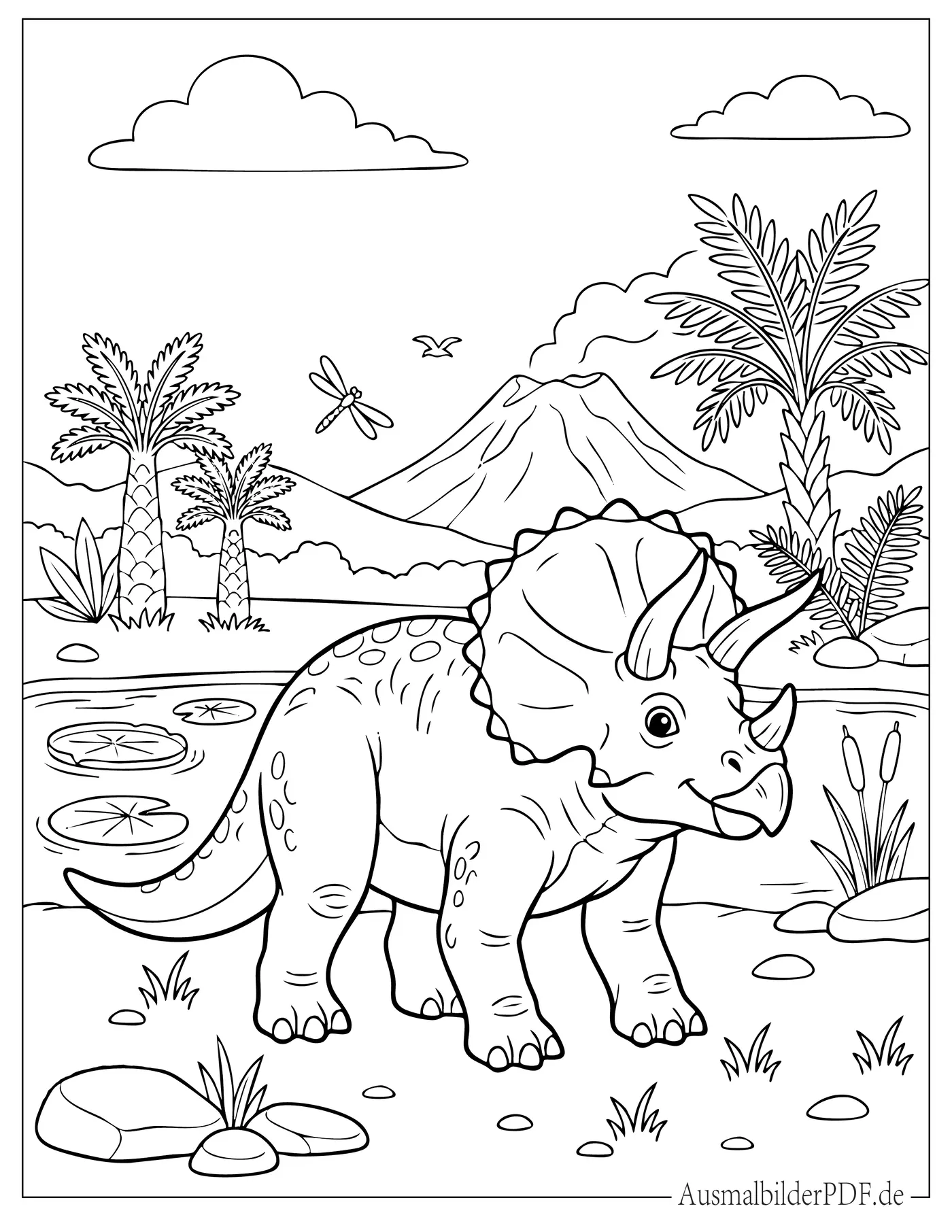 Prähistorischer Triceratops steht vor einem Vulkan Ausmalbild