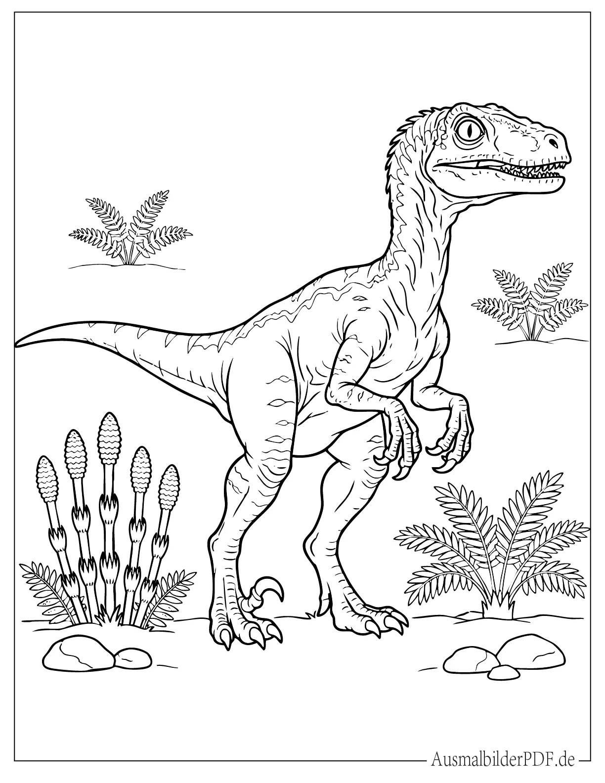 18 Velociraptor Ausmalbilder (Gratis Malvorlage zum Drucken) Prähistorischer Velociraptor mit Farnen Ausmalbild