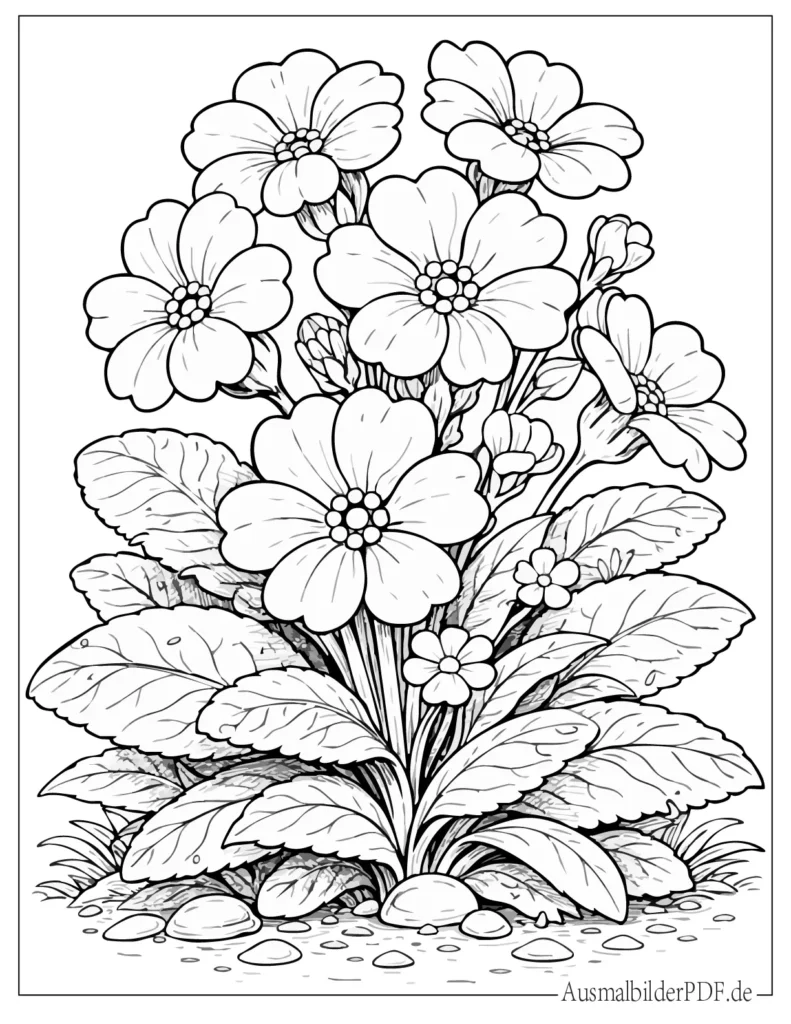 Ausmalbild einer blühenden Primel mit Blättern, ideal zum Ausdrucken und Ausmalen für Kinder