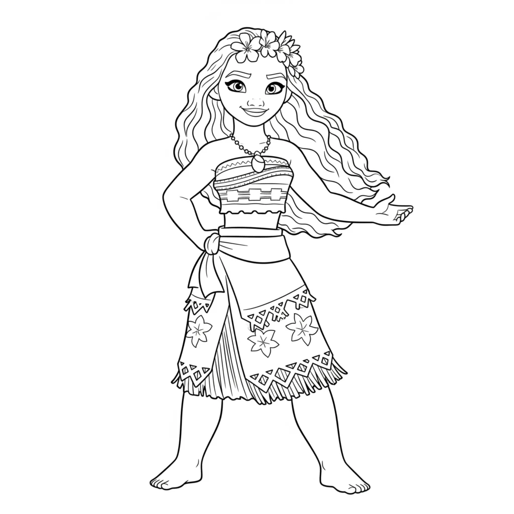 14 Vaiana Ausmalbilder (Disney Prinzessin Malvorlage Drucken) Prinzessin Vaiana steht mutig am Ufer mit dem Ozean im Hintergrund. Dieses Ausmalbild lädt Kinder zum kreativen Ausmalen ein.