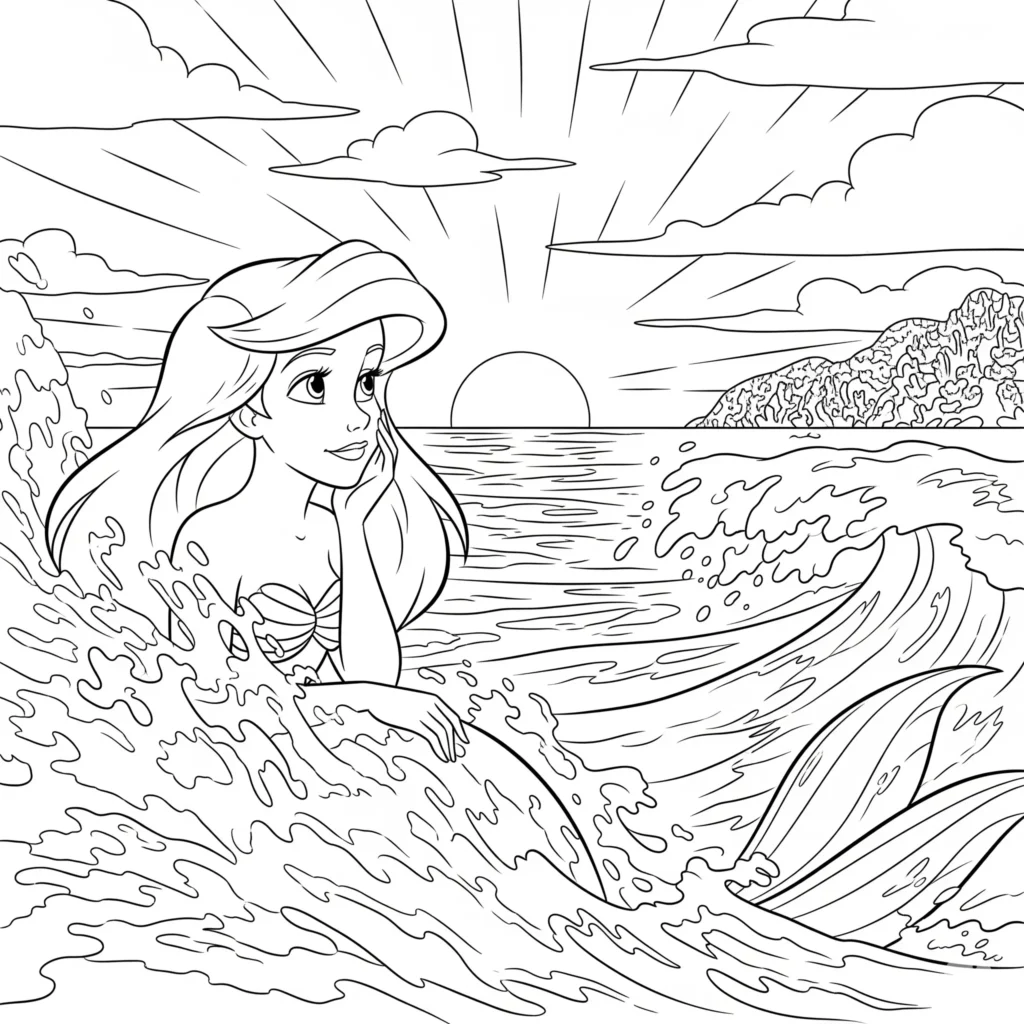 Wunderschönes Prinzessin Arielle Ausmalbild zum kostenlosen Download. Ideal für Kinder, die Märchen und die kleine Meerjungfrau lieben.