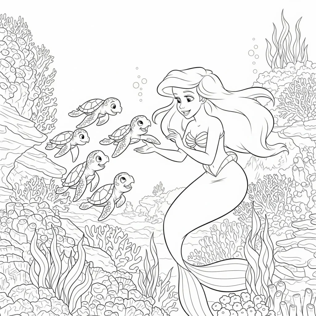 Dieses Arielle mit Baby-Schildkröte Ausmalbild zeigt die Meerjungfrau beim Spielen mit einer kleinen Schildkröte. Ideal zum Ausdrucken für Kinder.