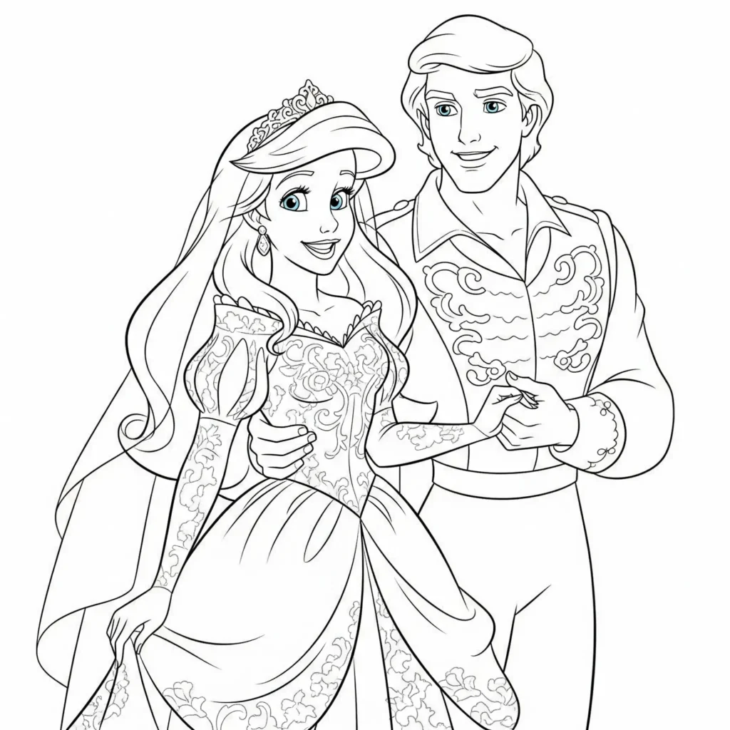 Wunderschönes Arielle im Hochzeitskleid Ausmalbild zeigt die Meerjungfrau als Braut. Perfekt zum Ausdrucken und Malen für Kinder und Disney-Fans.