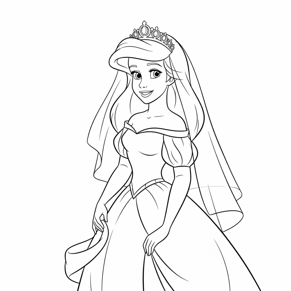 Diese Prinzessin Arielle Brautkleid Malvorlage zeigt die Meerjungfrau in ihrem eleganten Hochzeitskleid. Perfekt zum Ausdrucken und kreativen Ausmalen.