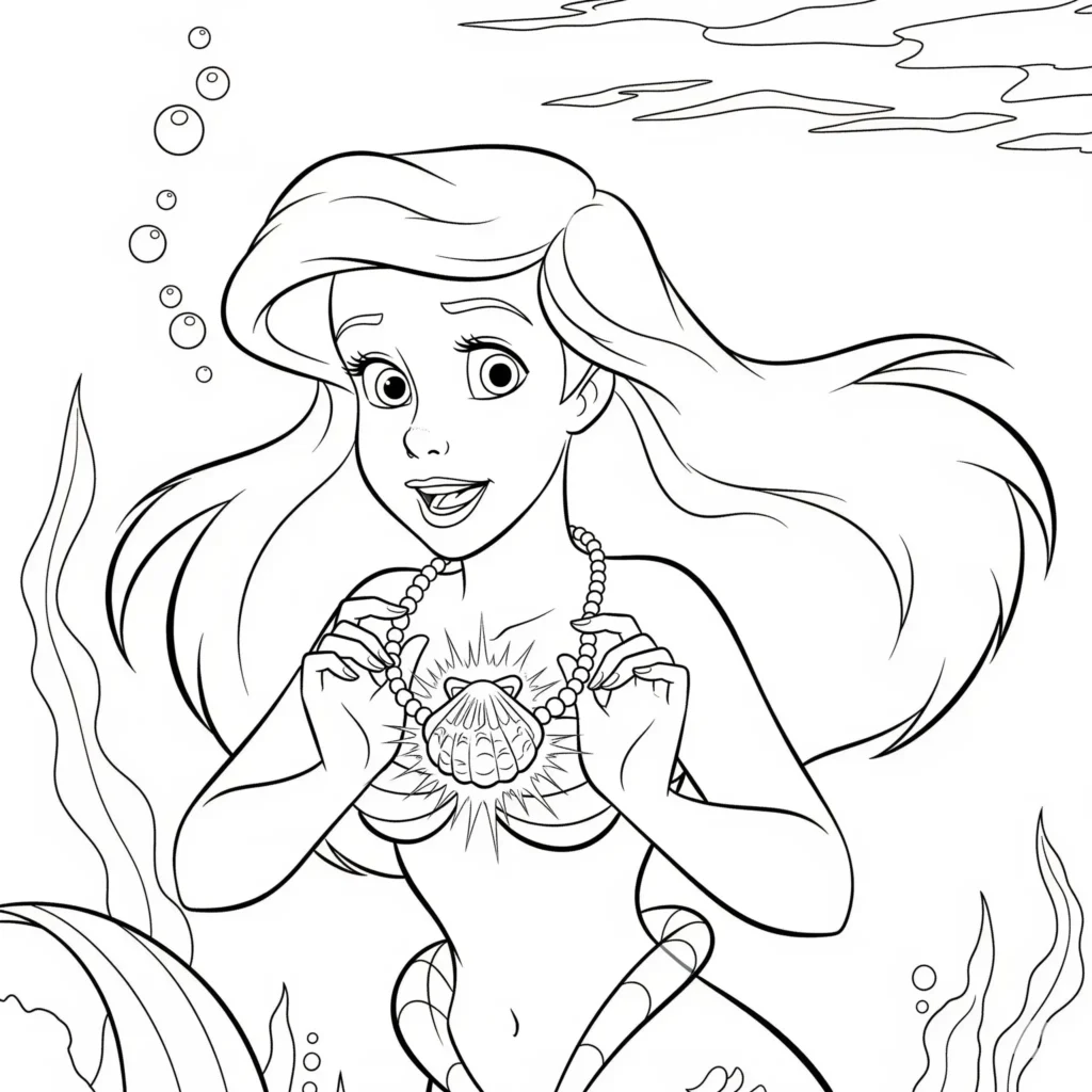 Dieses Arielle mit Muschelkette Ausmalbild zeigt die Meerjungfrau mit einer magischen Halskette. Perfekt zum Ausdrucken und kreativen Ausmalen.