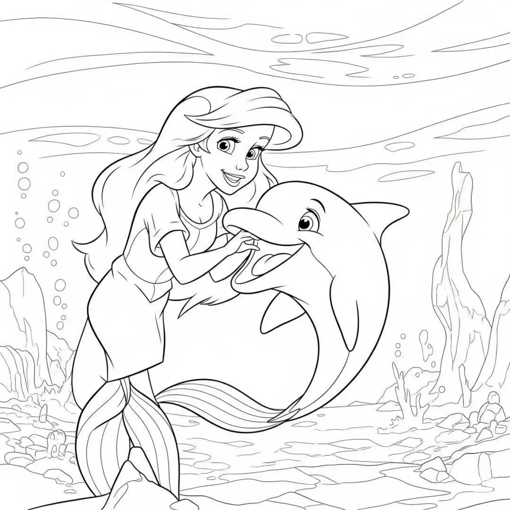 Dieses Arielle mit Delfin Ausmalbild zeigt die kleine Meerjungfrau mit ihrem verspielten Freund. Perfekt zum Ausmalen und Entspannen für Kinder.