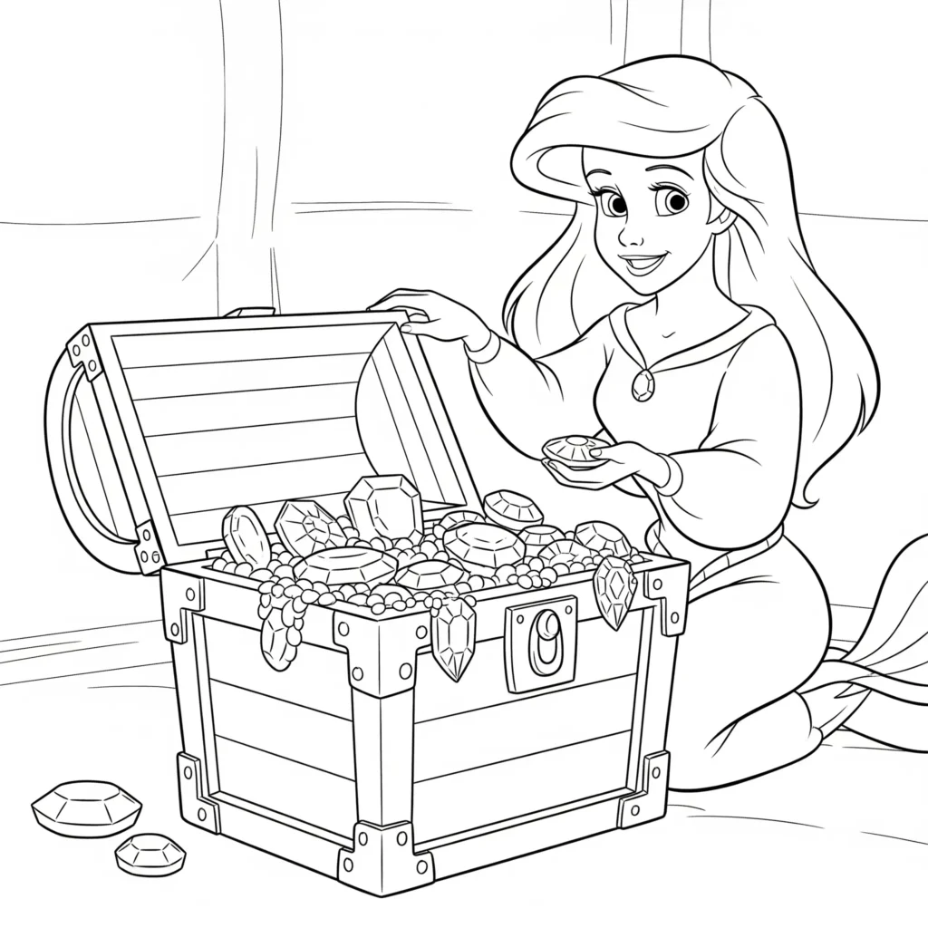 Wunderschönes Arielle mit Schatztruhe Ausmalbild zeigt die Meerjungfrau mit funkelnden Juwelen. Ideal zum Ausdrucken und Malen für Kinder.