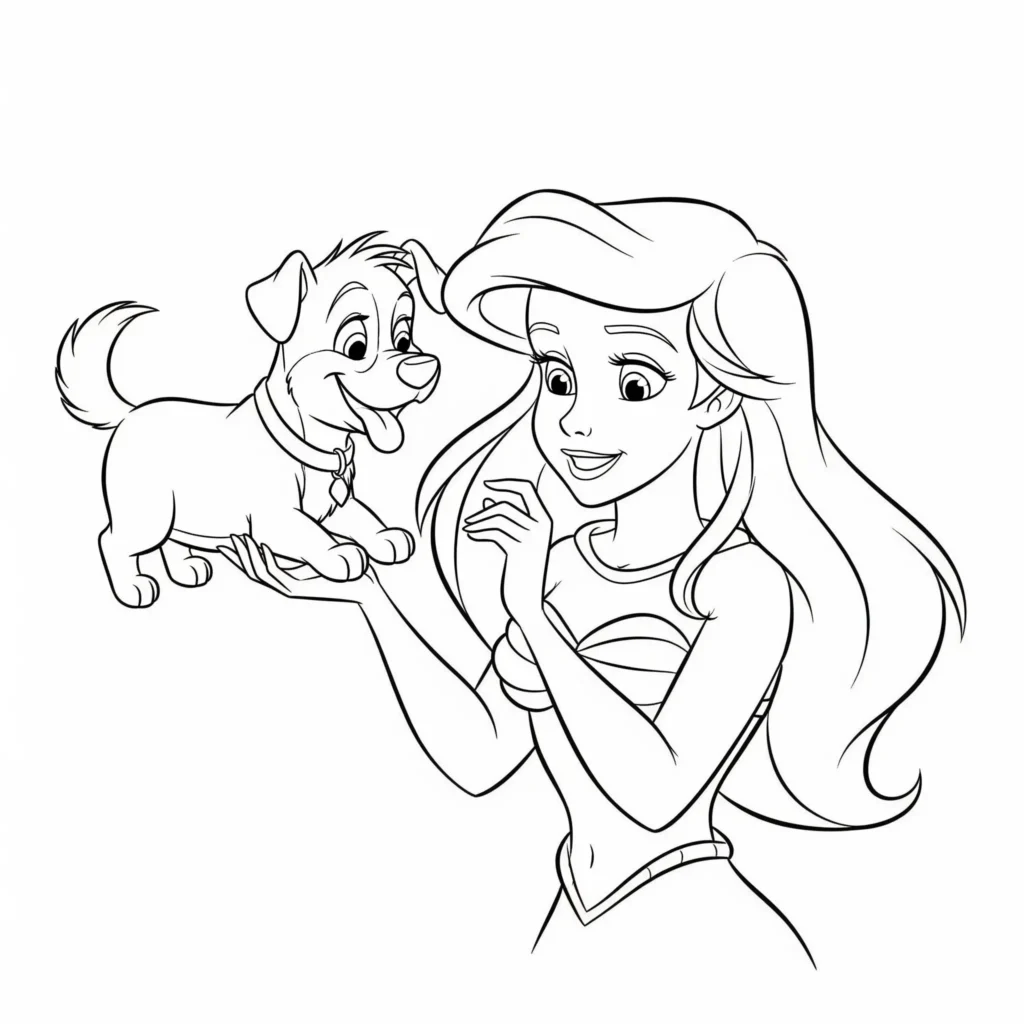 Dieses Arielle und Max der Hund Ausmalbild zeigt die Prinzessin mit ihrem treuen Freund. Perfekt zum Ausdrucken und Malen für Kinder und Tierliebhaber.