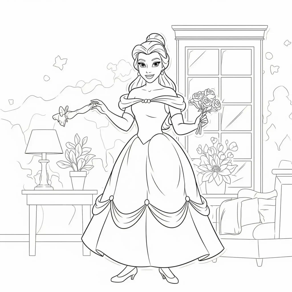 Belle Ausmalbilder (Disney Prinzessin Malvorlage Drucken) Prinzessin Belle Ausmalbild zeigt eine elegante Märchenfigur mit langem Kleid und sanftem Lächeln ideal zum Ausmalen für Kinder die Fantasie und Kreativität lieben