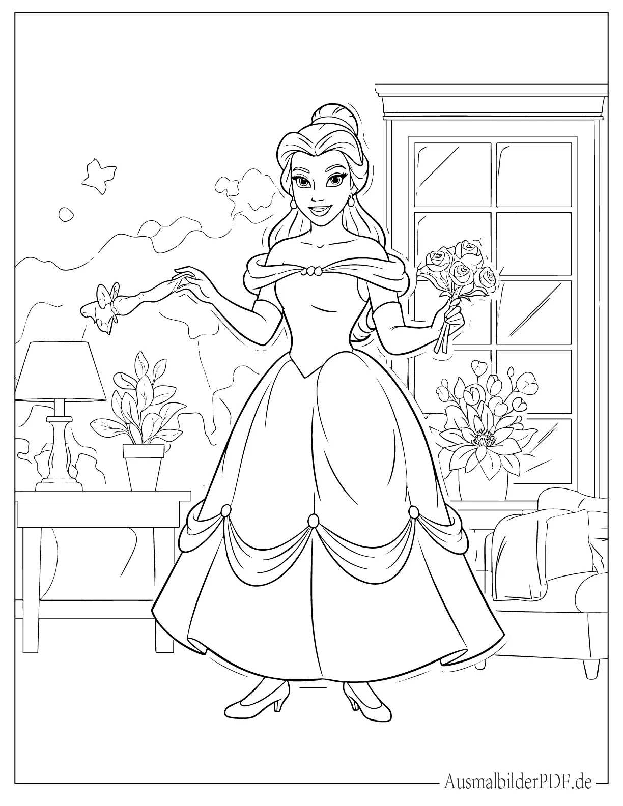 Süße Prinzessin Belle hält Blumen Ausmalbild