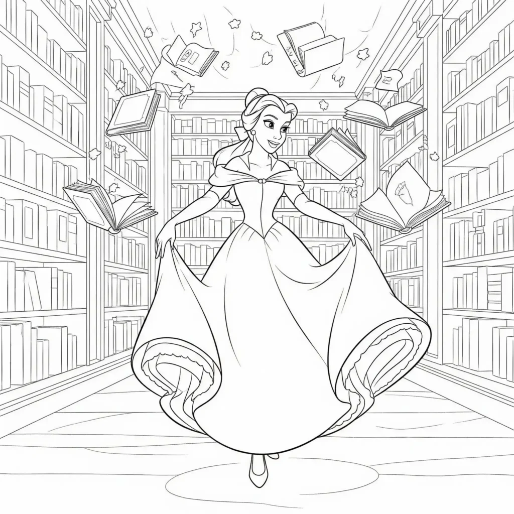 Belle Ausmalbilder (Disney Prinzessin Malvorlage Drucken) Dieses Ausmalbild zeigt Belle die fröhlich tanzt während Bücher um sie herum fliegen eine magische Szene die Kinder kreativ ausmalen können und Fantasie fördert