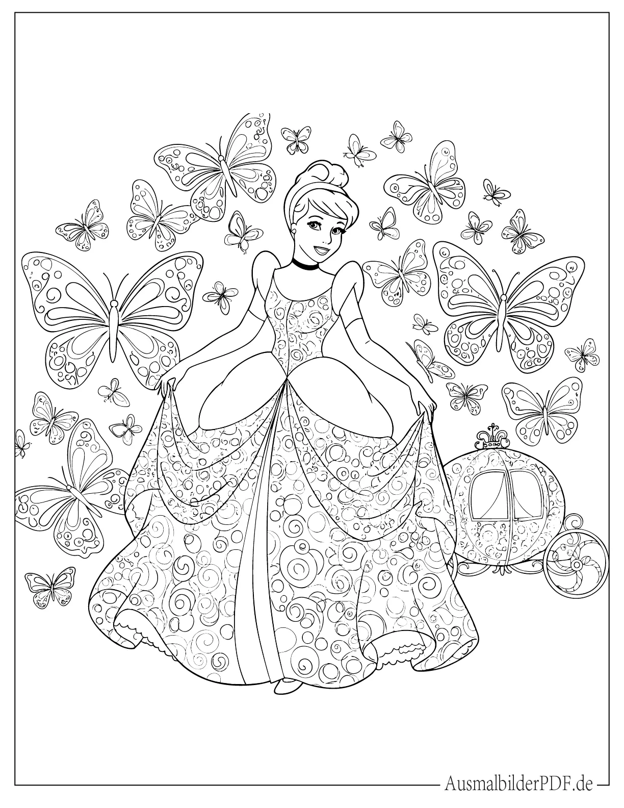 Prinzessin Cinderella mit Schmetterlingen Malvorlage
