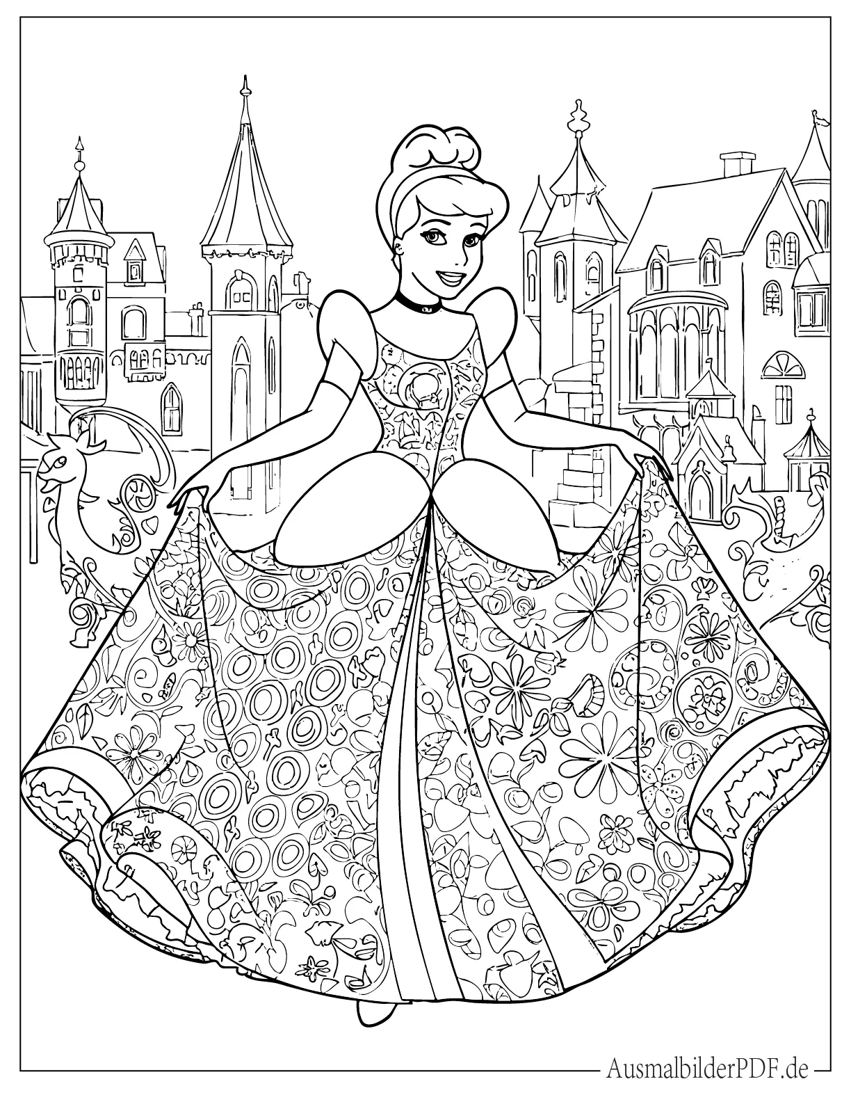 Prinzessin Cinderella zeigt ihr Kleid Ausmalbild