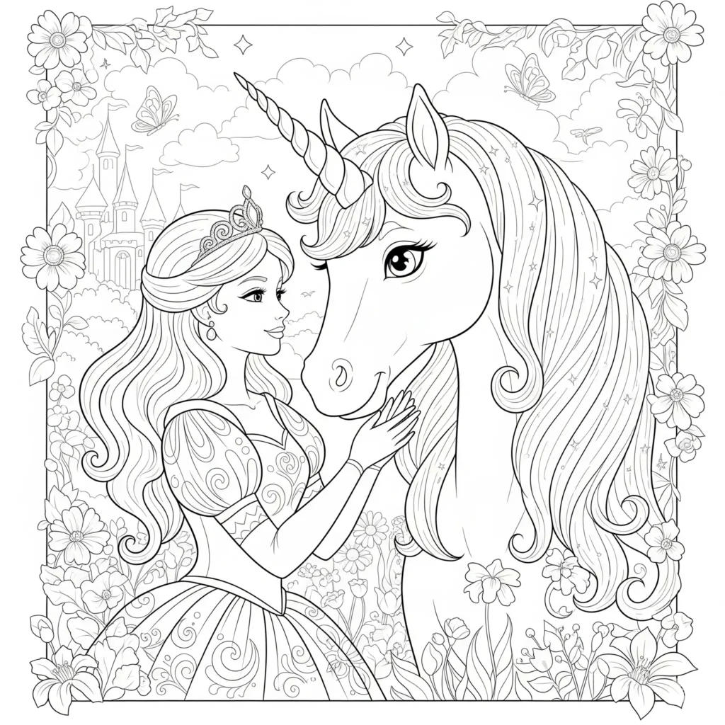 Eine Prinzessin steht neben einem freundlichen Einhorn mit wallender Mähne, bereit zum Ausmalen für kleine Fantasie-Fans.