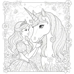 Eine Prinzessin steht neben einem freundlichen Einhorn mit wallender Mähne, bereit zum Ausmalen für kleine Fantasie-Fans.