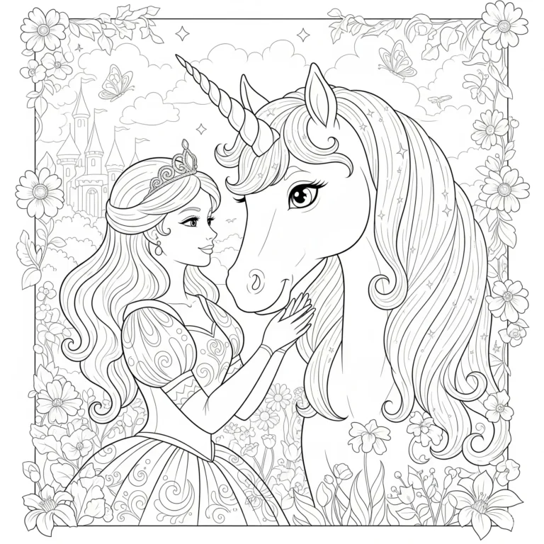 Eine Prinzessin steht neben einem freundlichen Einhorn mit wallender Mähne, bereit zum Ausmalen für kleine Fantasie-Fans.
