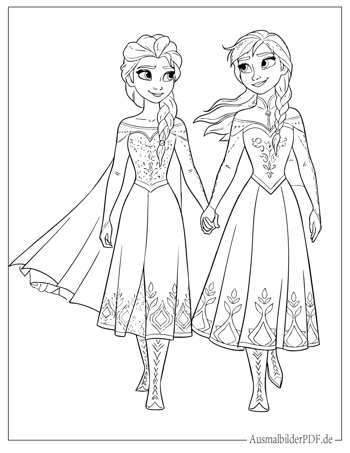 Prinzessin Elsa hält Hände mit Anna Ausmalbild
