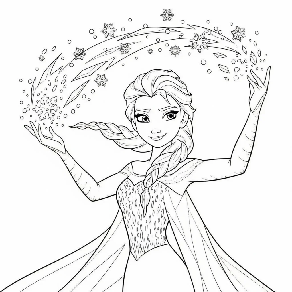Prinzessin Elsa steht mit erhobenen Händen und zaubert funkelnde Magie. Sie trägt ihr elegantes Kleid und zeigt konzentriert ihre Zauberkraft. Dieses Ausmalbild ist ideal für Kinder zum Ausdrucken und Ausmalen.