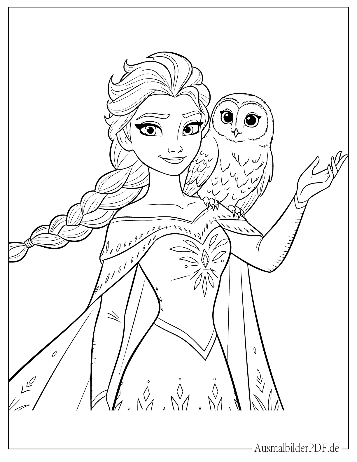 Prinzessin Elsa mit Schneeeule auf ihrer Schulter zum Ausmalen