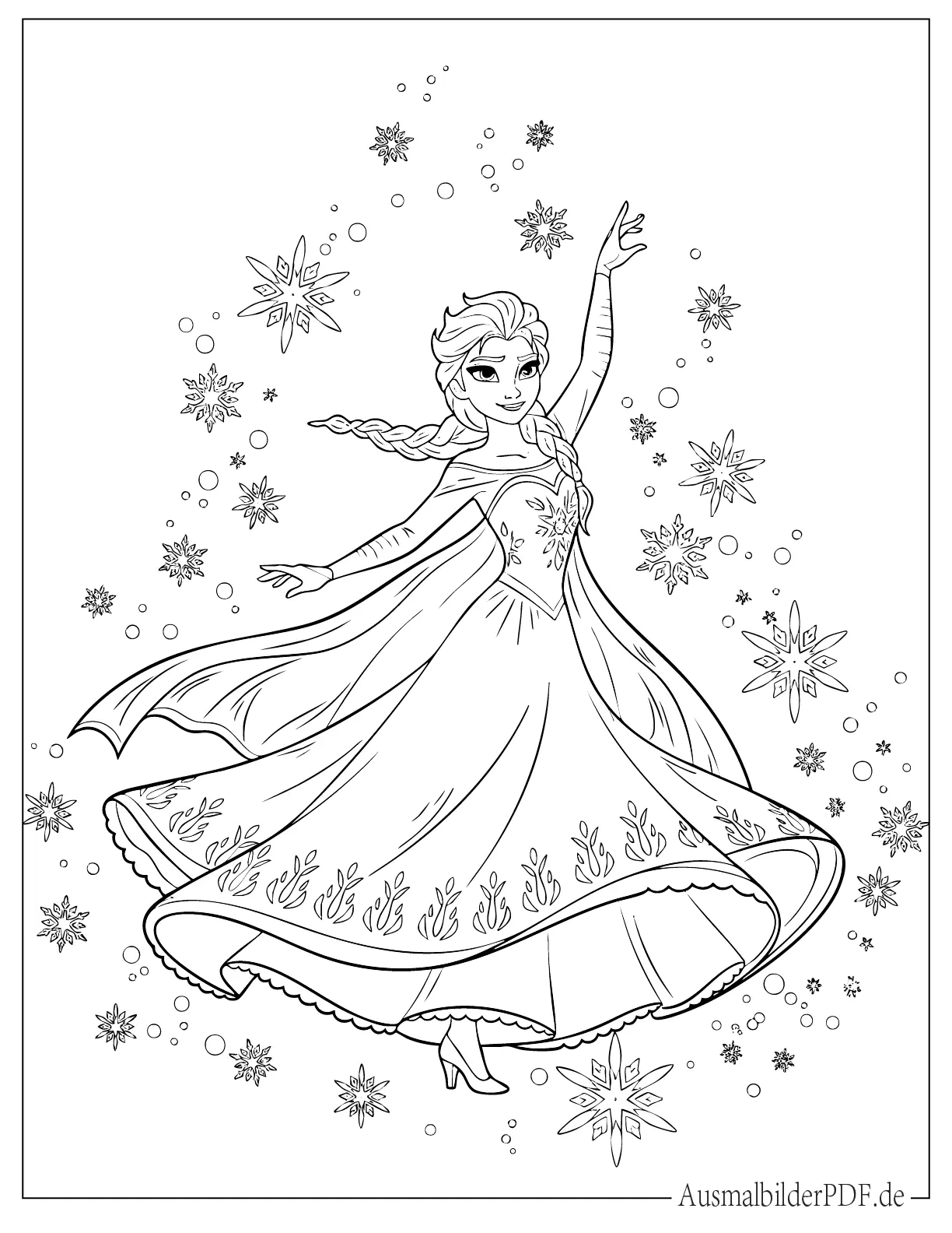 Prinzessin Elsa tanzt mit Schneeflocken drumherum Ausmalvorlage