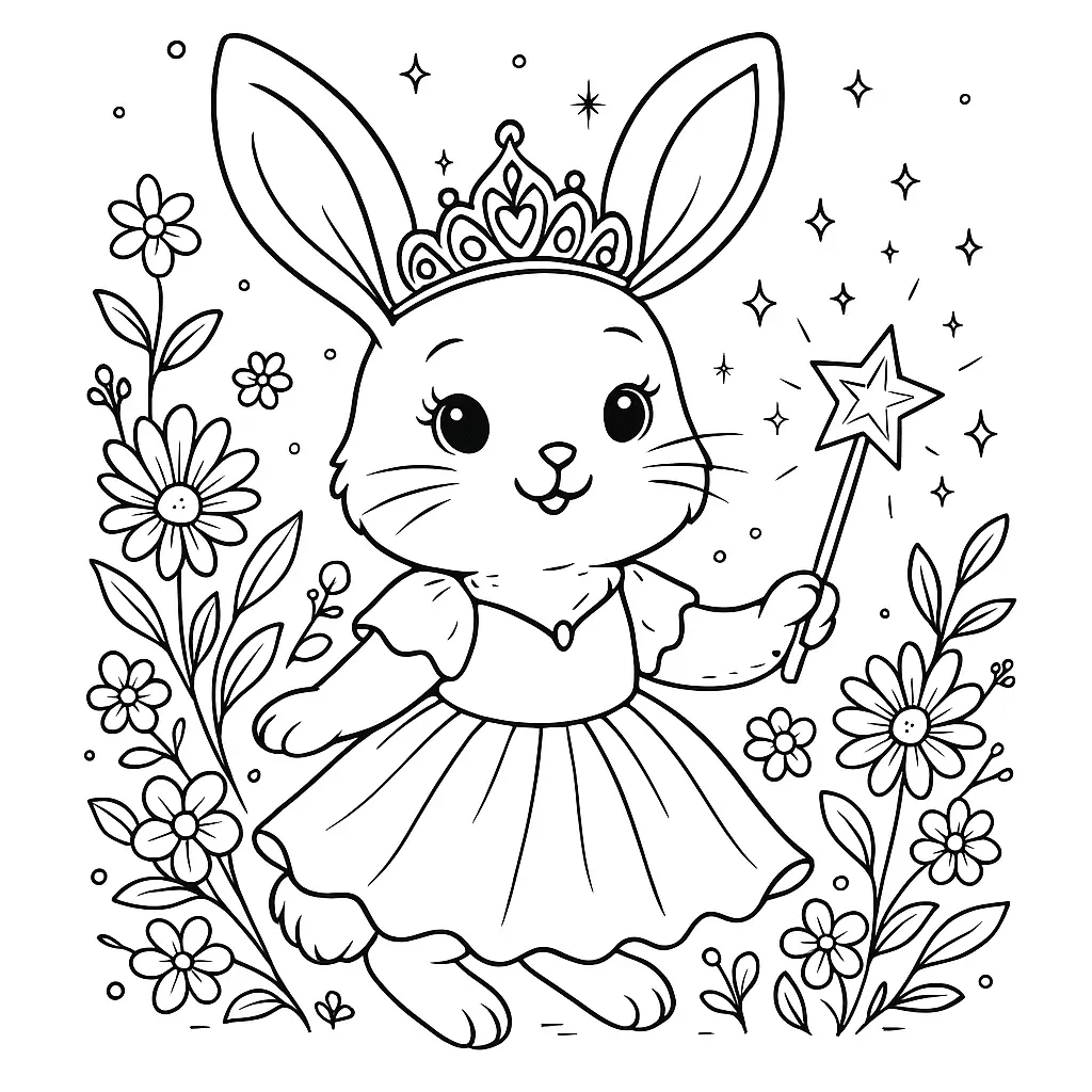 Ausmalbild eines Hasen als Prinzessin mit Tiara und Zauberstab