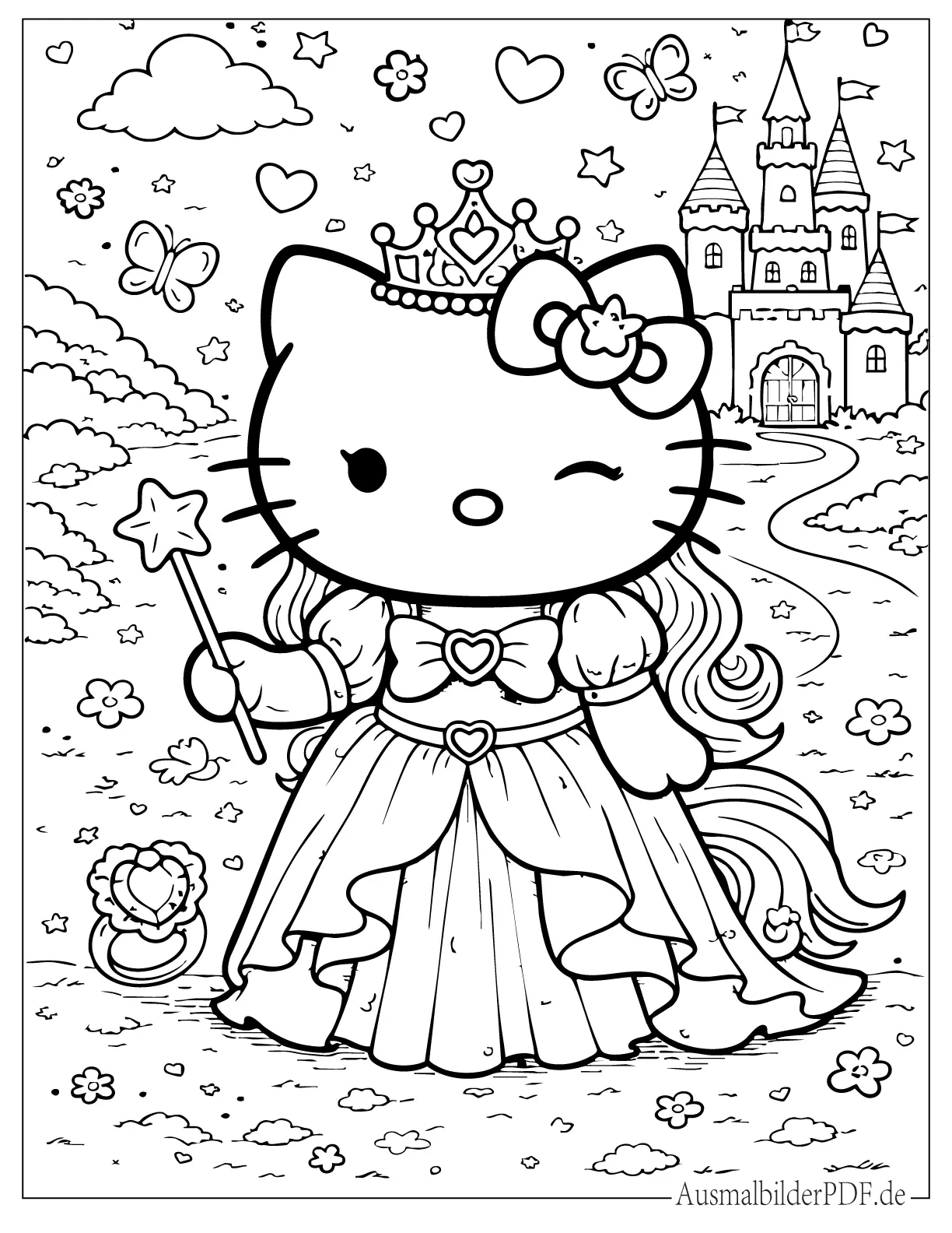 Niedliche Prinzessin Hello Kitty mit Krone zum Ausmalen