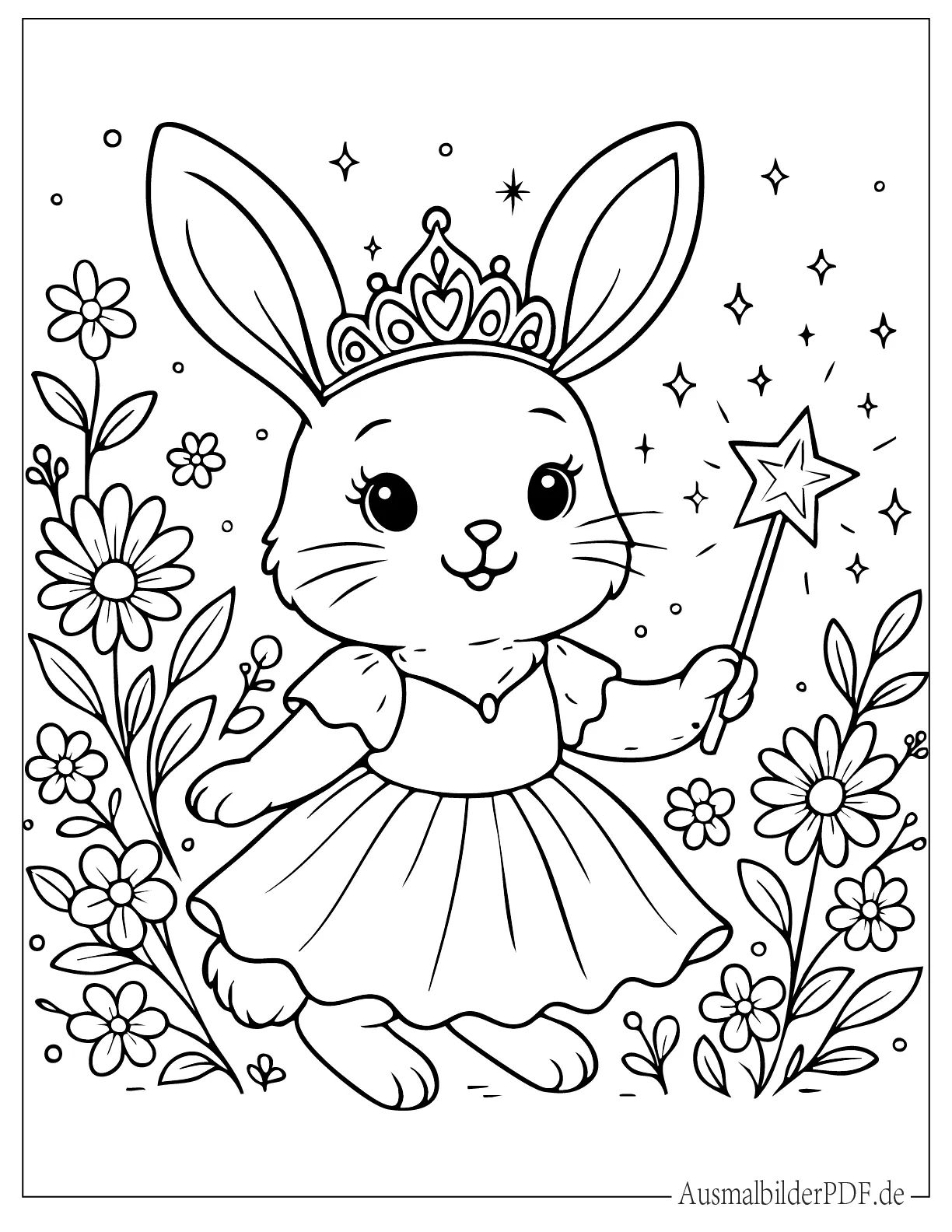 Prinzessin Kaninchen mit Tiara und Zauberstab Malvorlage
