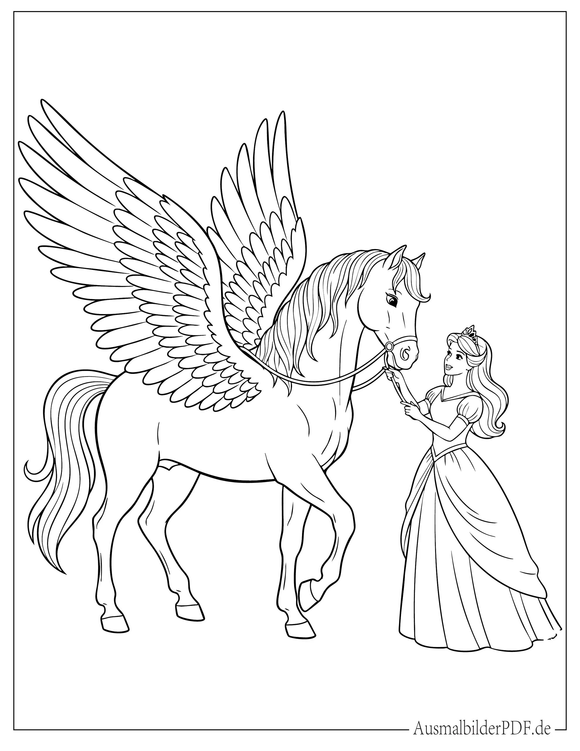 Prinzessin mit Pegasus zum Ausmalen
