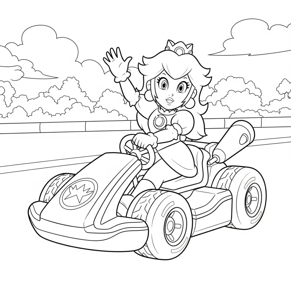 Prinzessin Peach fährt auf der Rennstrecke in diesem Ausmalbild zum Ausdrucken für Kinder und Erwachsene als kostenlose Malvorlage