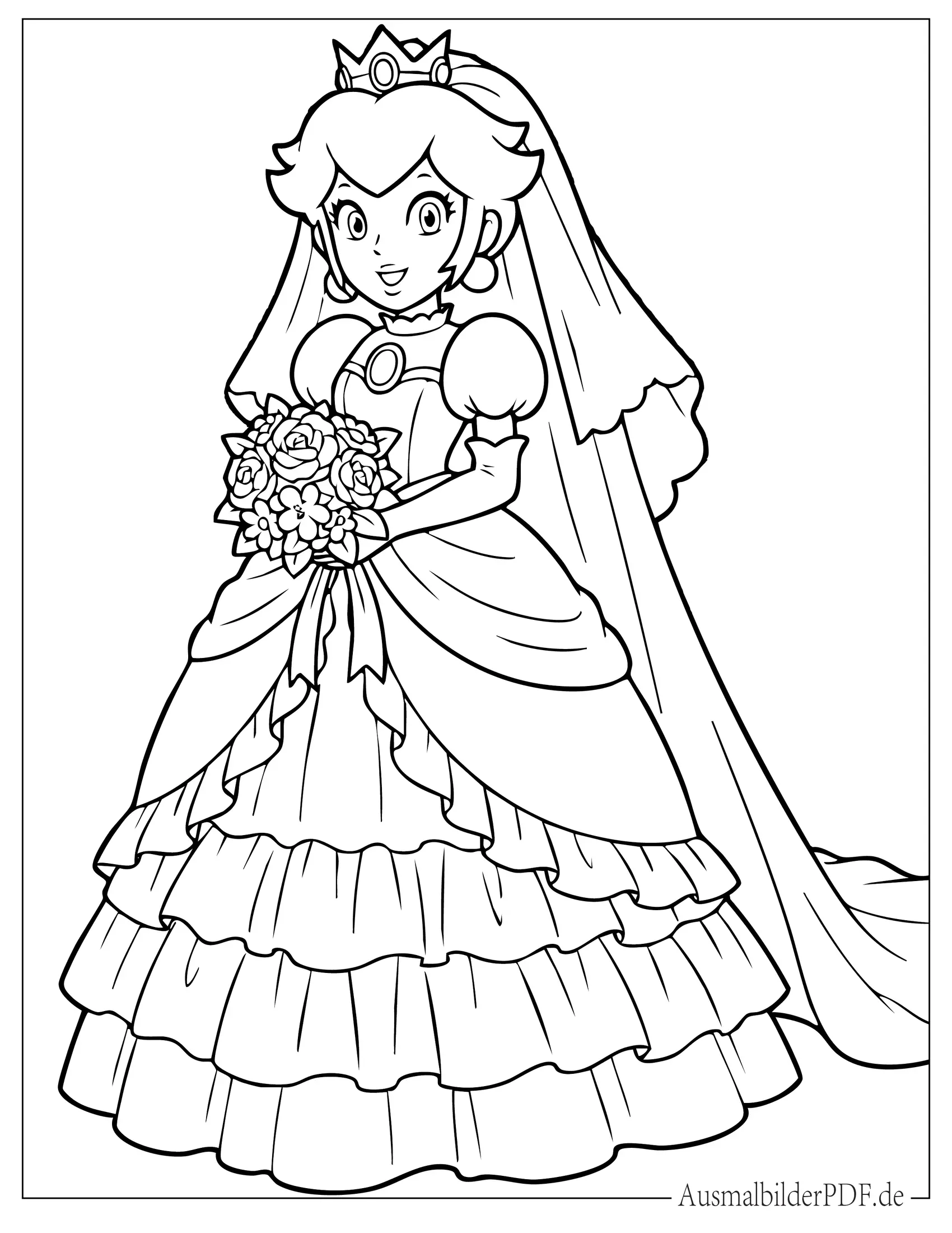 Prinzessin Peach im Brautkleid Ausmalbild zum Ausdrucken