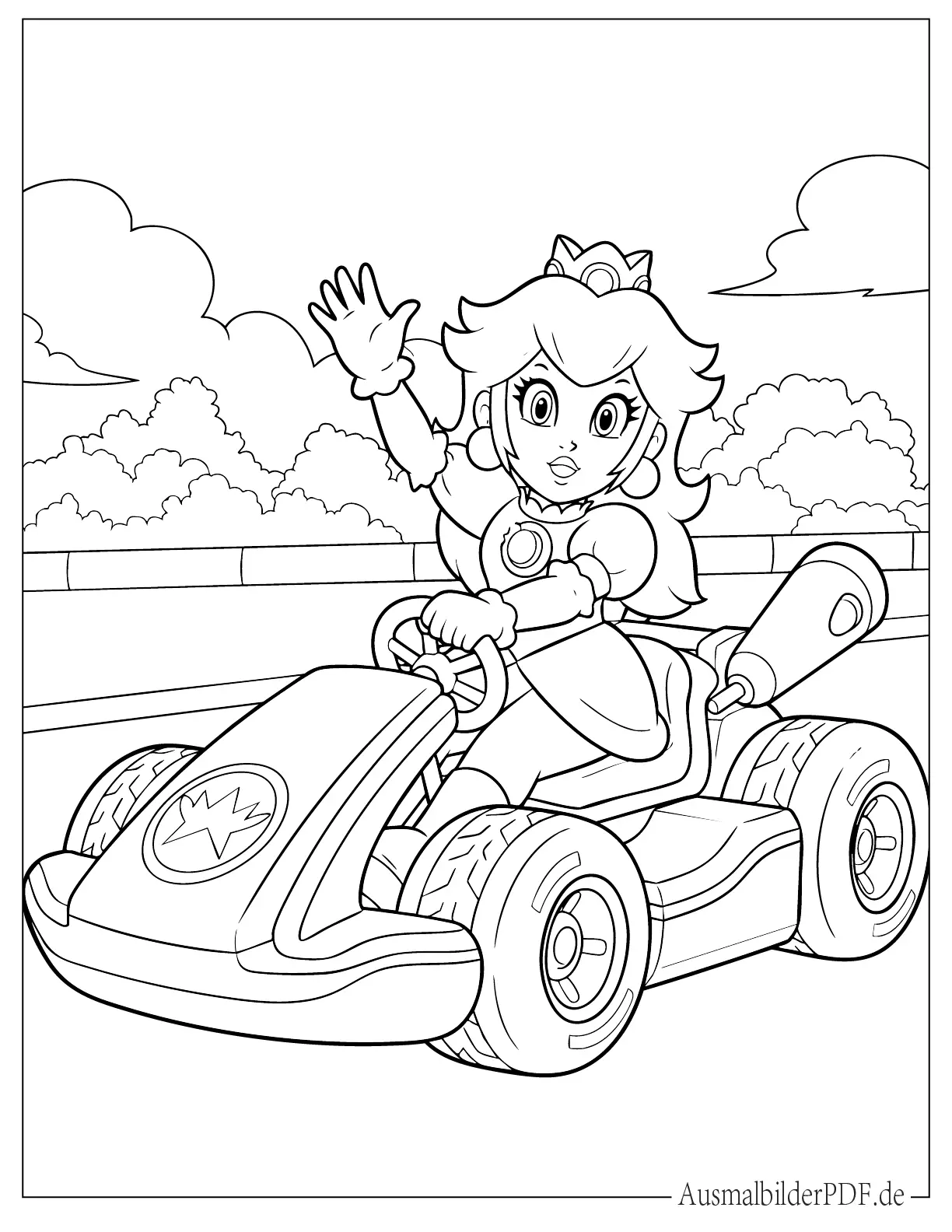 Prinzessin Peach im Kart auf der Strecke Ausmalbild