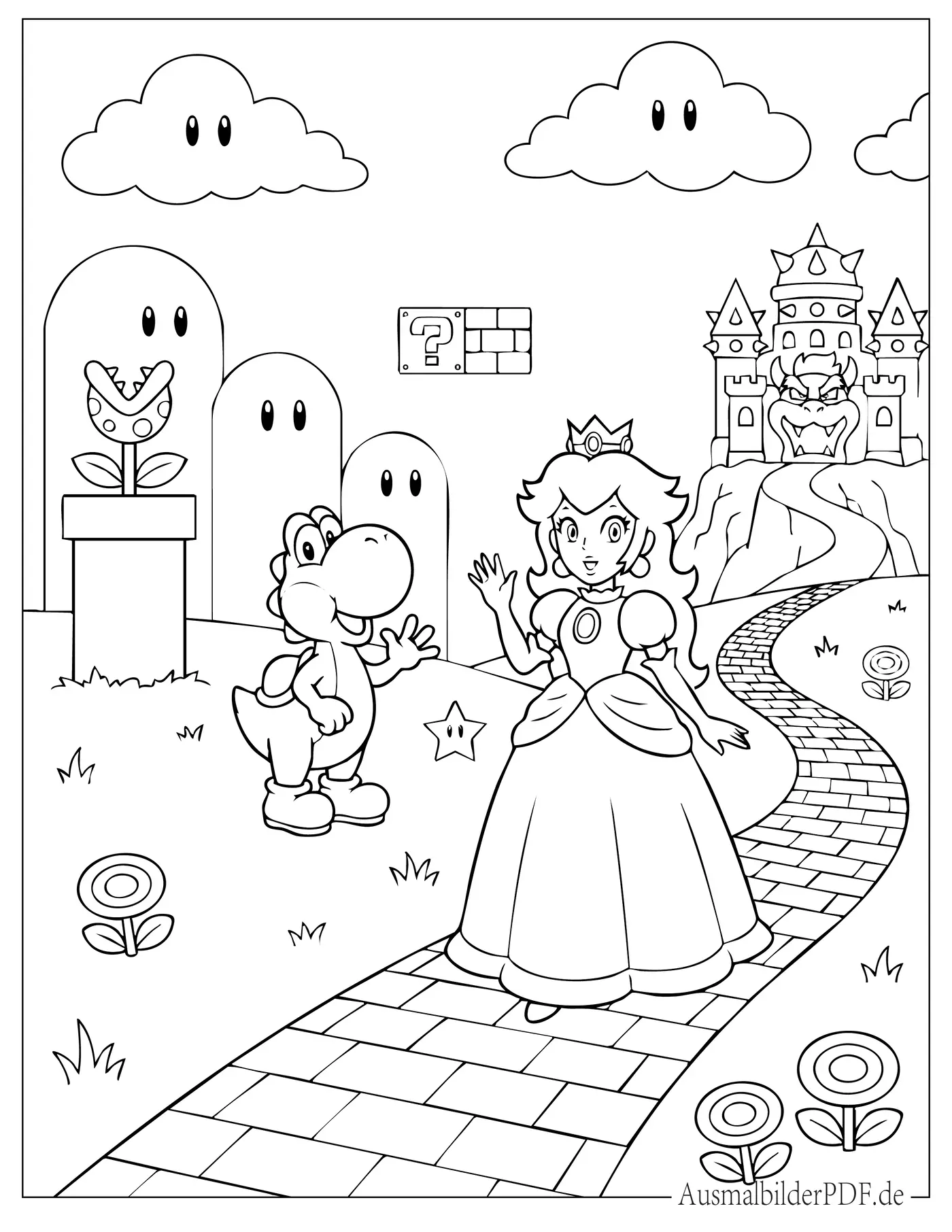 Prinzessin Peach mit Yoshi im Mario Land Ausmalbild