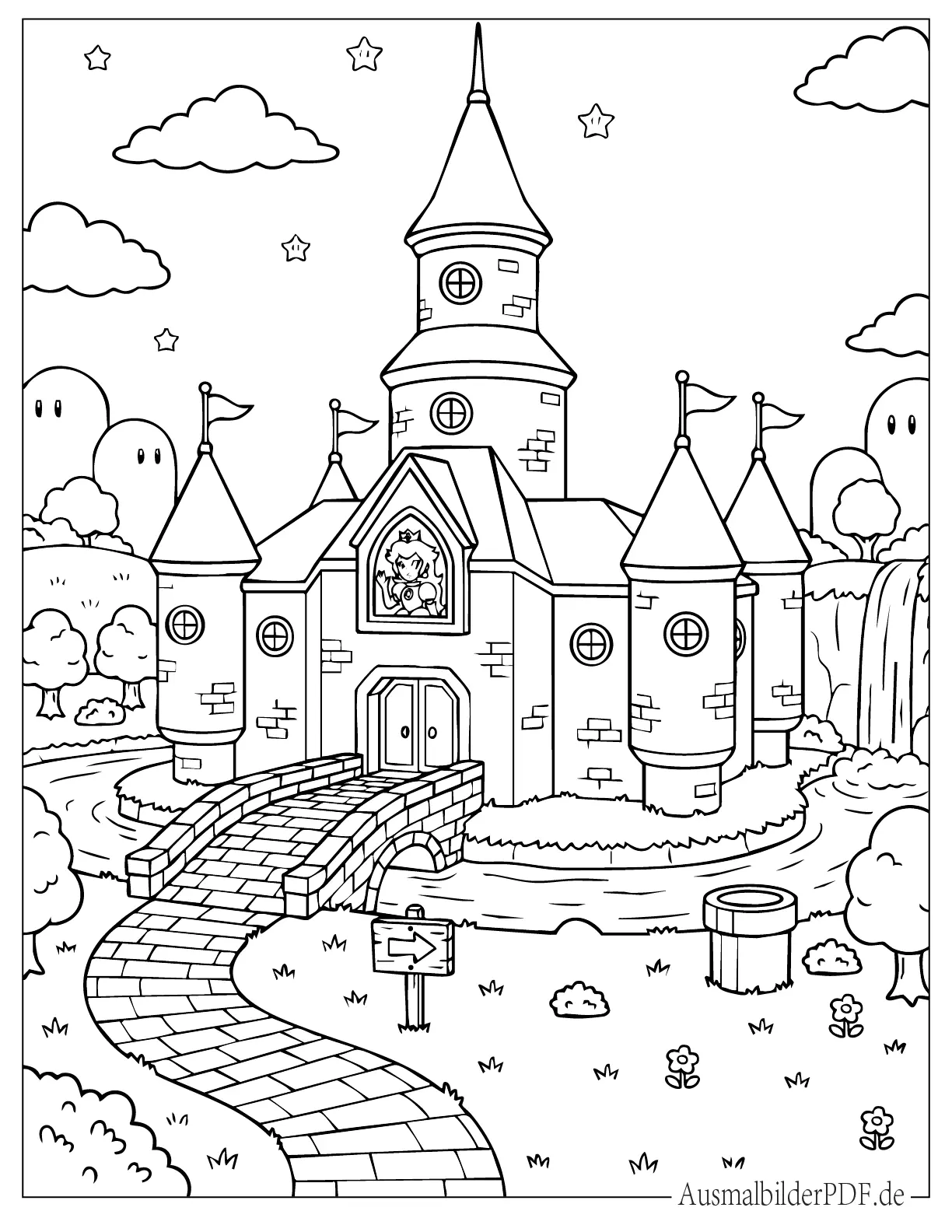 Detailliertes Prinzessin Peach Schloss aus Mario 64 Ausmalbild