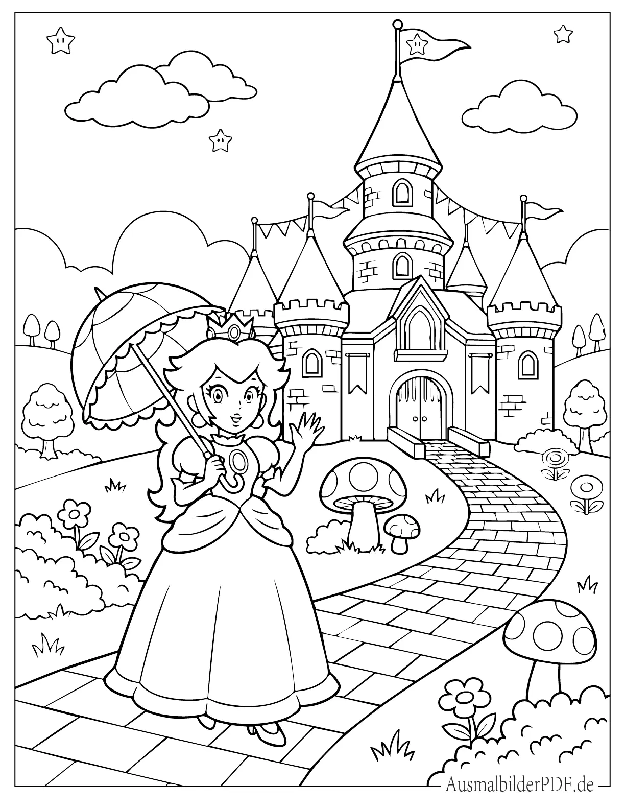 Prinzessin Peach mit Regenschirm steht vor dem Palast Ausmalbild