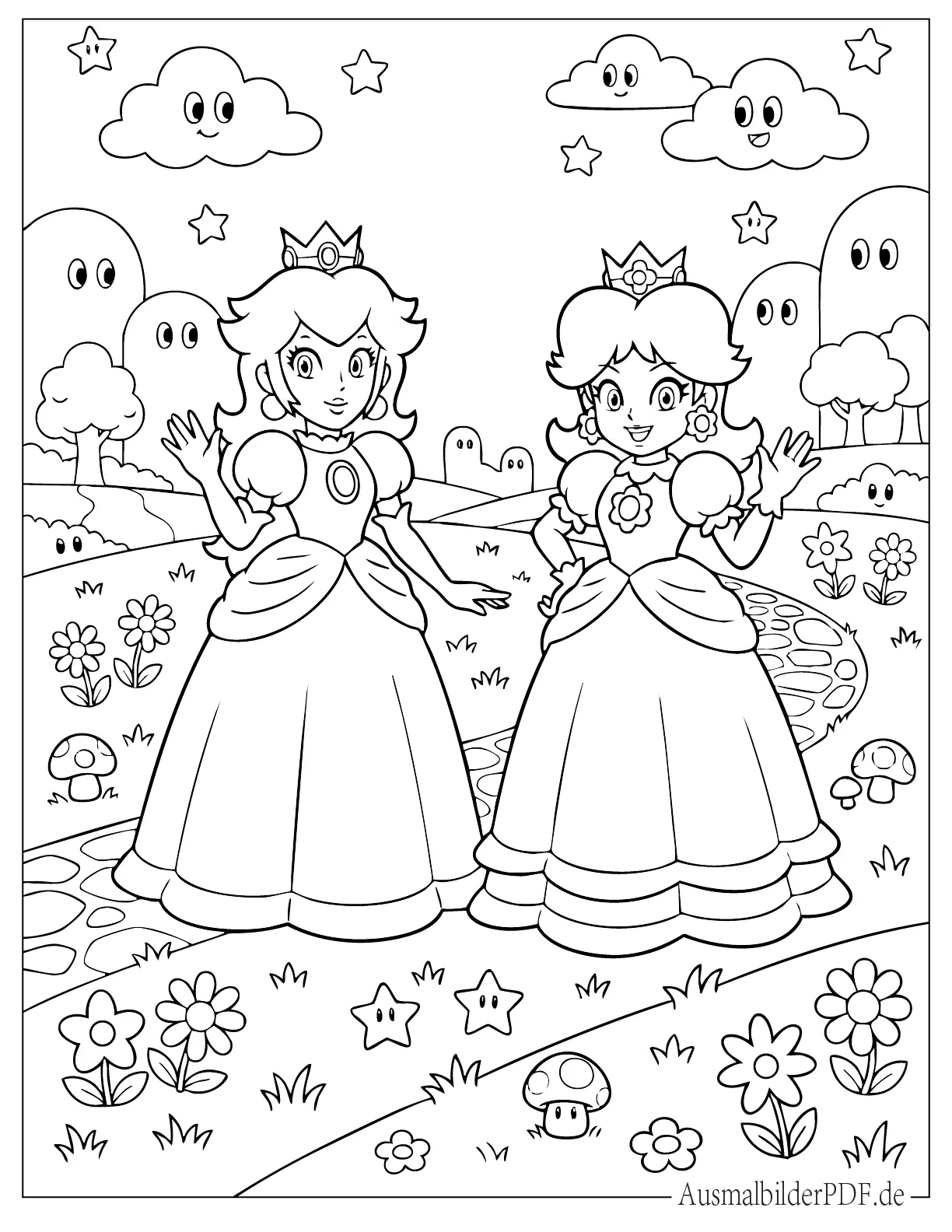 Prinzessin Peach und Prinzessin Daisy winken Malvorlage