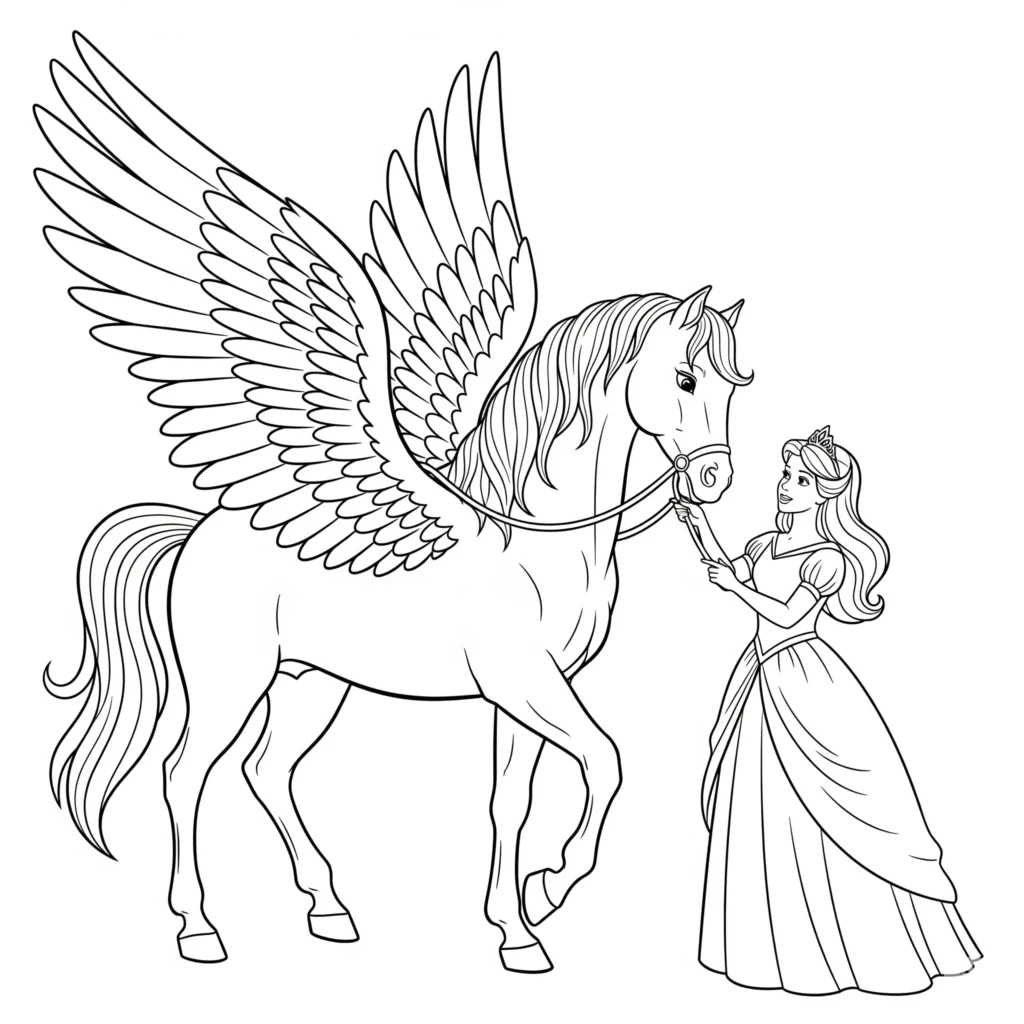 Ein märchenhaftes Ausmalbild mit einer Prinzessin, die neben einem Pegasus steht. Perfekt als PDF zum Ausdrucken für kreative Kinder