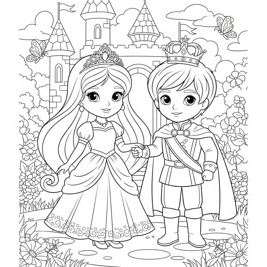 Eine Prinzessin und ein Prinz stehen nebeneinander, beide festlich gekleidet und lächelnd – eine romantische Szene zum Ausmalen.
