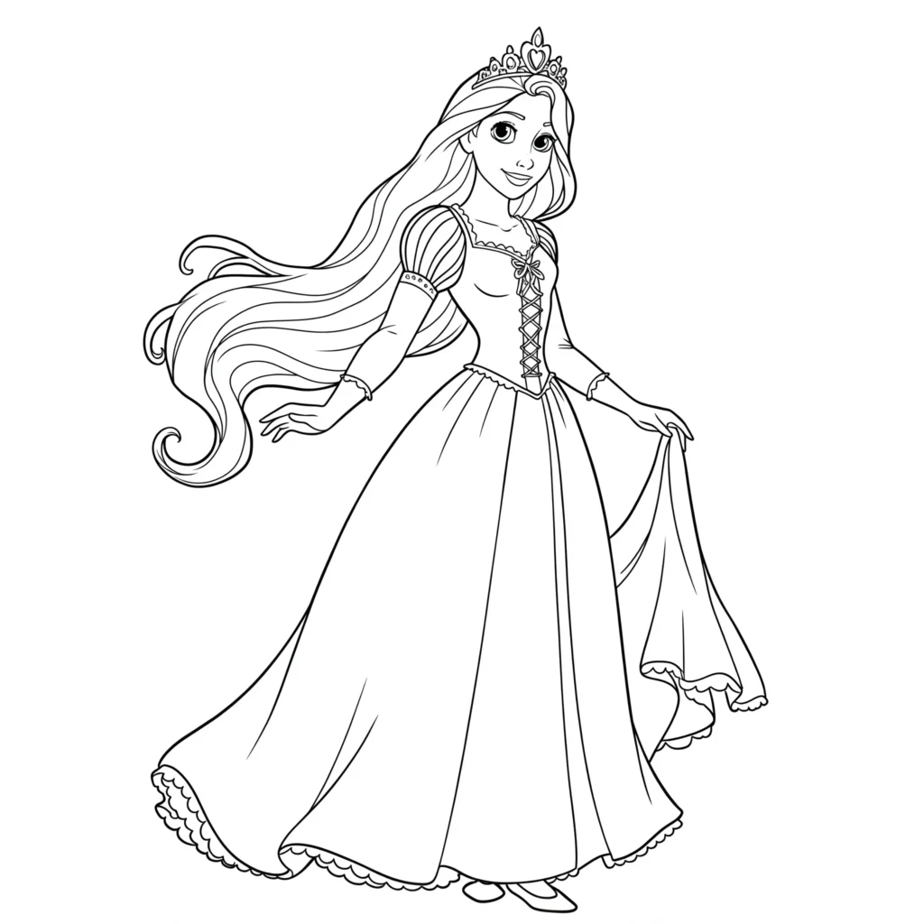 Prinzessin Rapunzel Ausmalbild kostenlos zum Ausdrucken – Rapunzel mit königlicher Krone und schönem Kleid