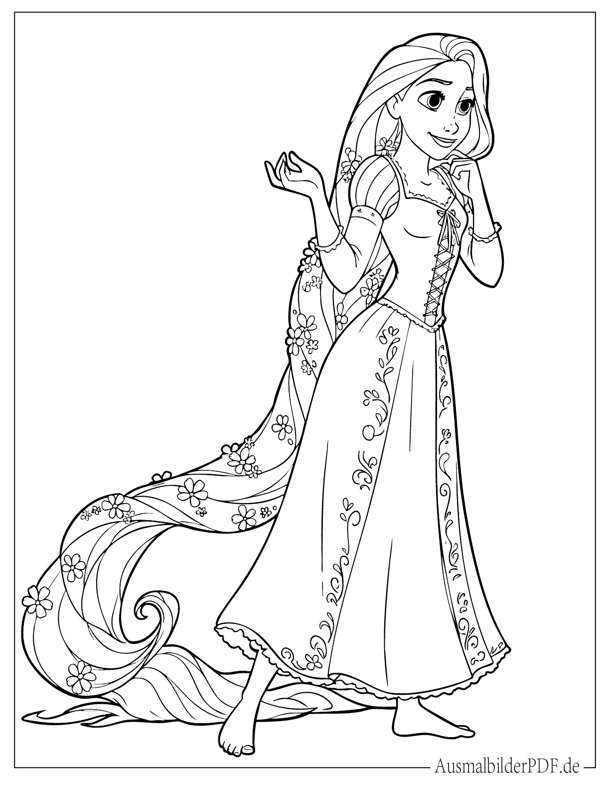 10+ Ausmalbilder Rapunzel (Gratis Malvorlagen zum Ausdrucken) Prinzessin Rapunzel mit Blumen im Haar Ausmalbild