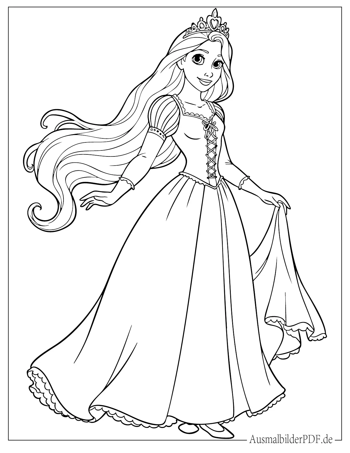 10+ Ausmalbilder Rapunzel (Gratis Malvorlagen zum Ausdrucken) Schöne Prinzessin Rapunzel mit Krone Ausmalvorlage