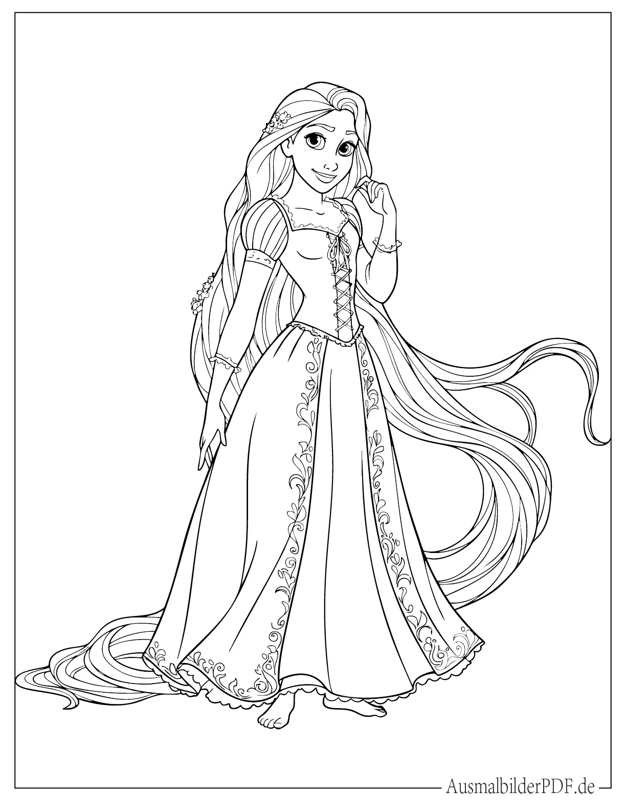 10+ Ausmalbilder Rapunzel (Gratis Malvorlagen zum Ausdrucken) Niedliche Prinzessin Rapunzel mit langen Haaren zum Ausmalen