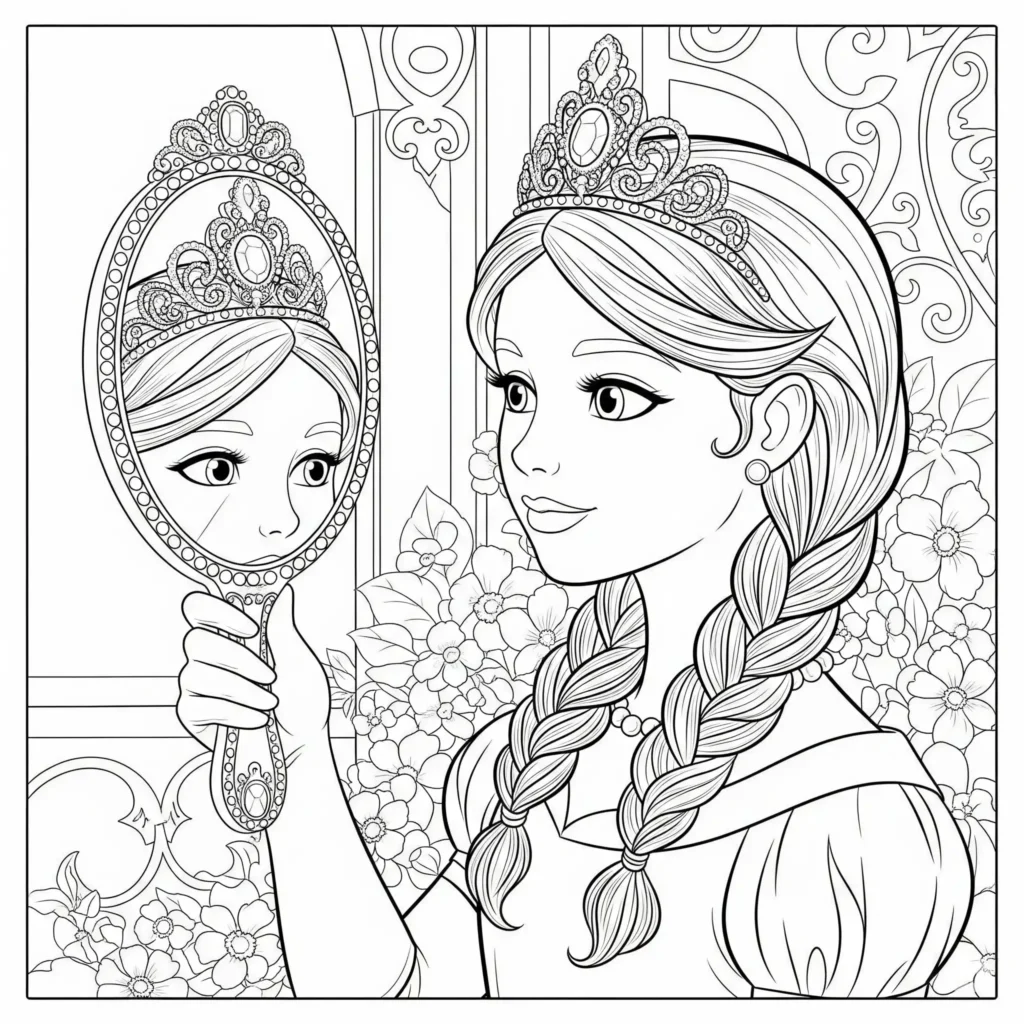 Eine Prinzessin mit eleganter Krone hält einen Handspiegel in der Hand und betrachtet sich – eine schöne Vorlage zum Ausmalen.