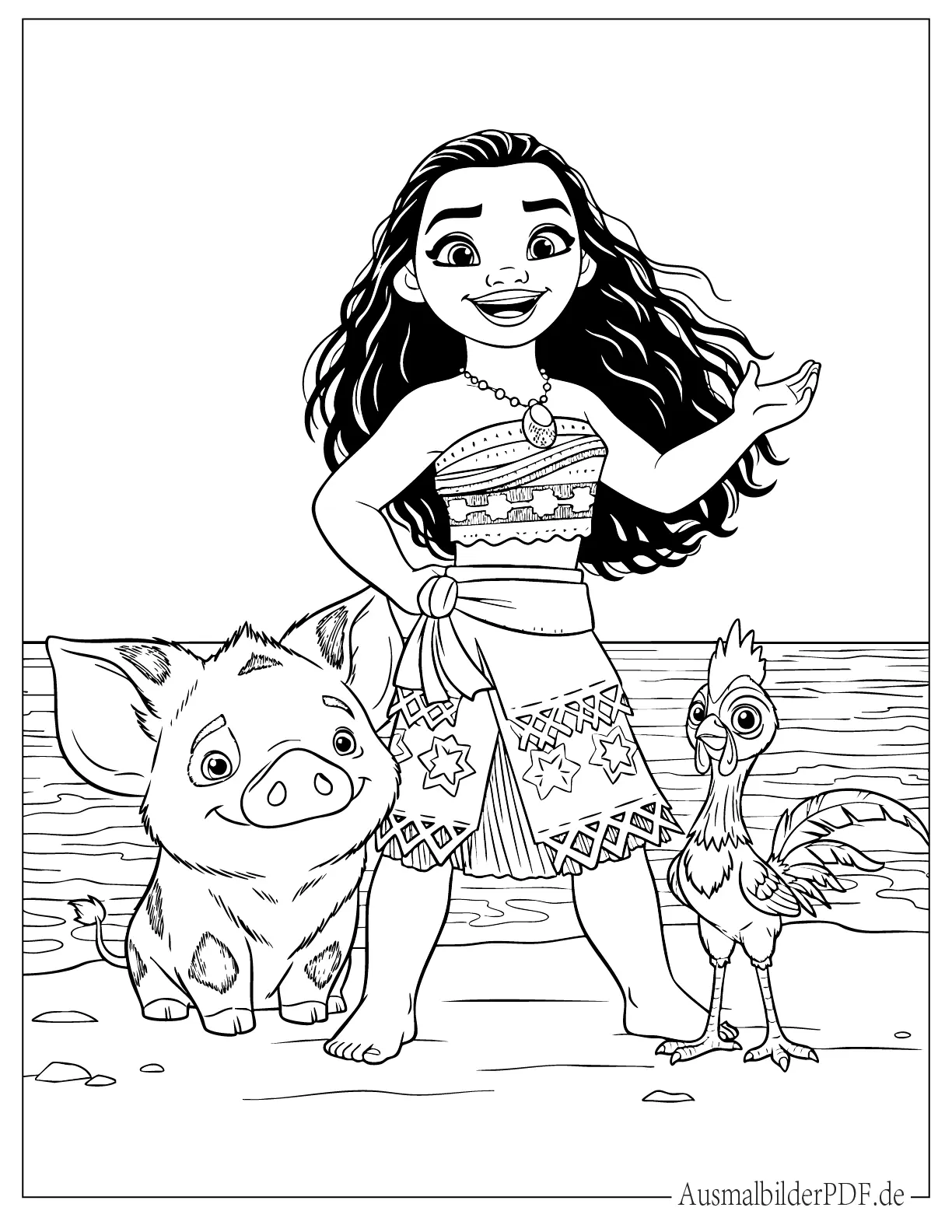 Prinzessin Vaiana mit Pua und Heihei am Ufer Malvorlage