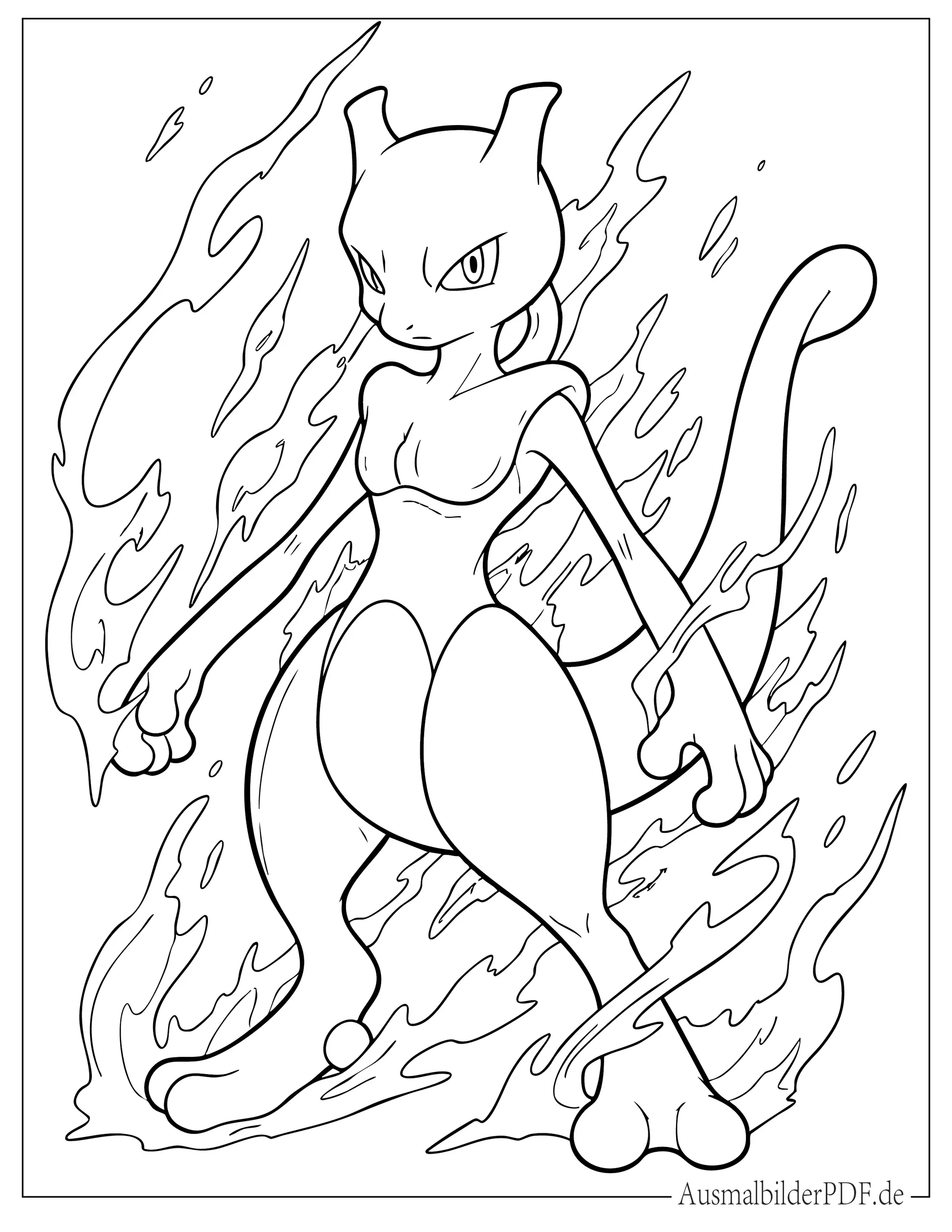 10+ Mewtu Ausmalbilder (Kostenlos Malvorlagen zum Ausdrucken) Psycho Pokemon Mewtu mit Flammen zum Ausmalen