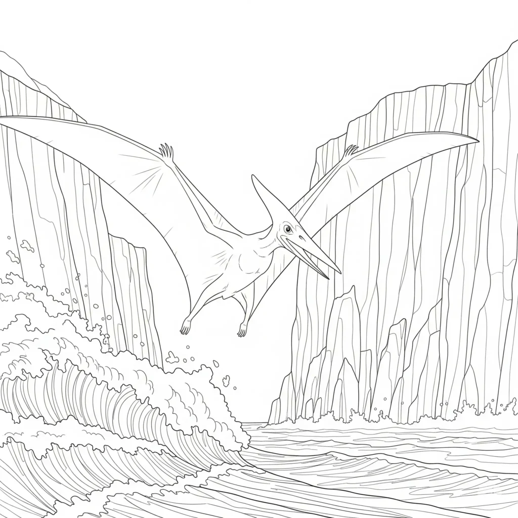 Pteranodon Malvorlage beim Gleitflug über Ozeanklippen zum Ausdrucken