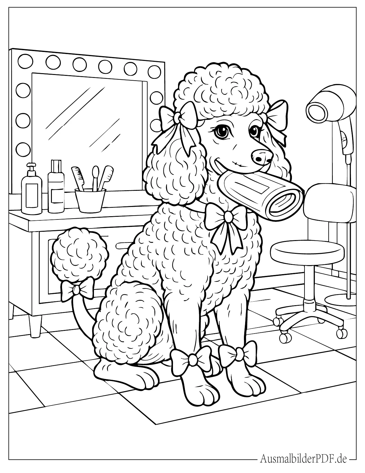 Pudel Hund im Frisiersalon Ausmalbild zum Ausdrucken