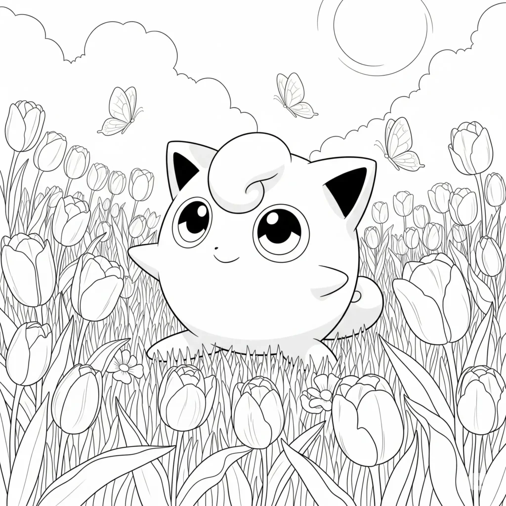 Diese pummeluff malvorlage zum ausdrucken zeigt das Pokemon in einer blühenden Wiese. Kostenloses PDF für kreative und entspannte Ausmalmomente für Kinder und Erwachsene.