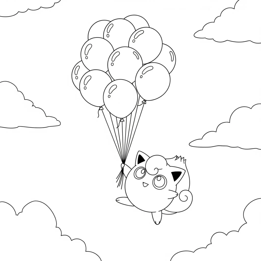 pummeluff zeigt das Pokemon fröhlich mit bunten Luftballons schwebend ausmalbild. Ideal für Kinder und Erwachsene zum Ausmalen und Ausdrucken.