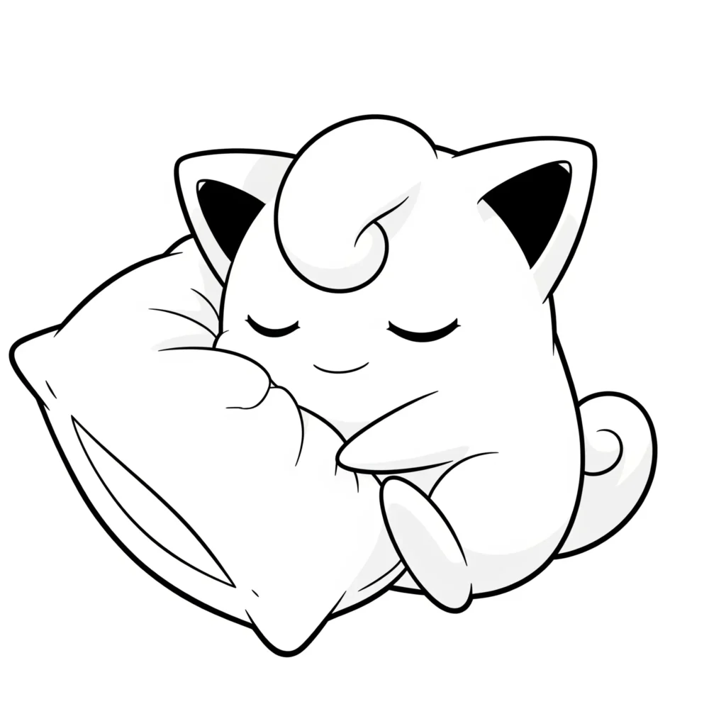 Dieses schlafende Pokemon zeigt Pummeluff friedlich liegend mit geschlossenen Augen.