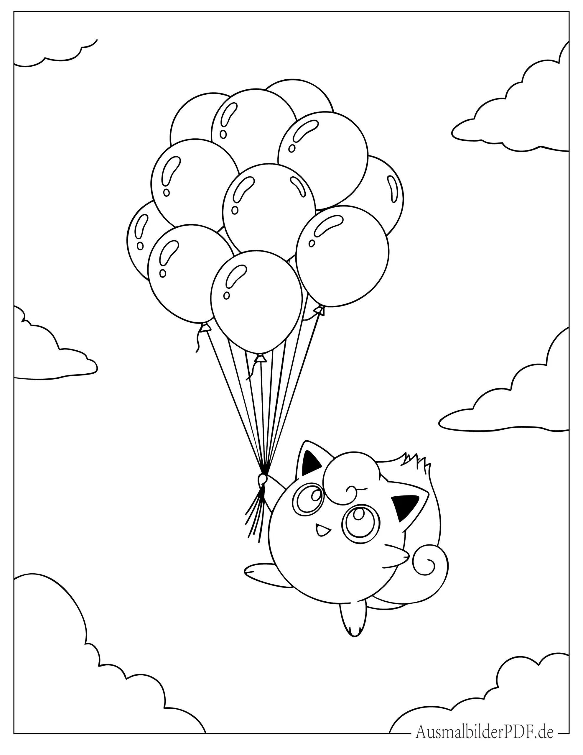 Pummeluff schwebt mit Luftballons zum Ausmalen
